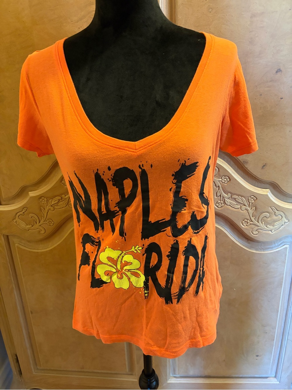 Exist Orange Scoop-Neck "Naples Florida" Graphic Tee with Yellow Hibiscus